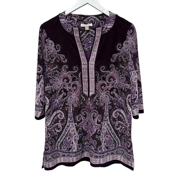 ROZ & ALI Tunic Top Size Medium Purple Paisley Stretch Long Sleeve V-Neck - Picture 1 of 8